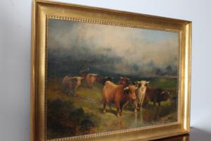 Antique landscape painting with cows, oil on canvas, Gibb Thomas Henry 1887. Measurements 106 x 76 cm.